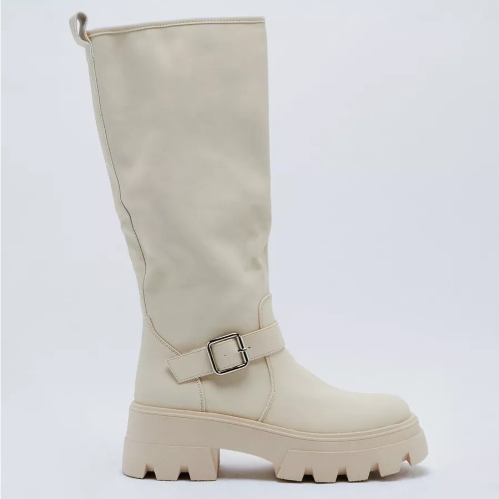 Faux Leather Buckle Detail Knee High Boots